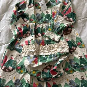 Hanna Andersson Cream Woodland Print Dress with Ruffle Bloomers size 90 (3T)